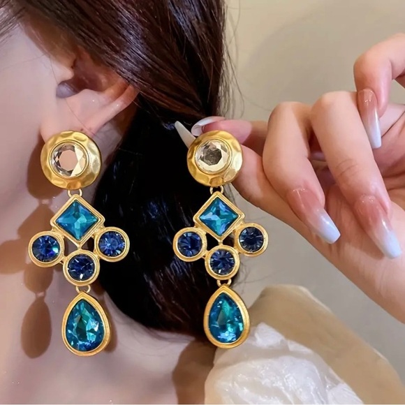 Anthropologie Bohemian Style Gold and Blue Statement Earrings - Picture 2 of 4